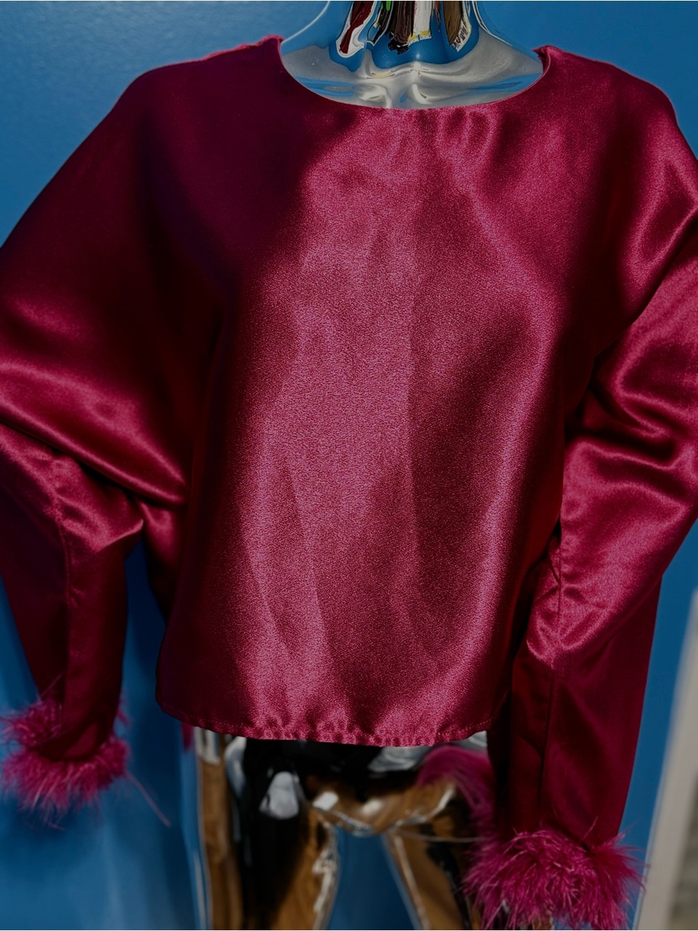 entro Wine Satin Puff-Sleeve Blouse with Feather Cuffs M